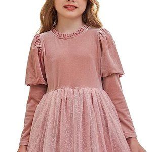 Girls Velvet Tulle Dress Ruffle Neck Lantern Sleeve Knee Length A-line Pink